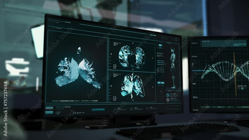 Futuristic X-ray Screening Device Analyzes Patients Organ To Diagnose Pneumonia Disease. Futuristic Lung Organ Analyzing Software Interface. Human Organ Analysis At Futuristic Medical Laboratory. Futuristic X-ray Screening Device Analyzes Patients Organ To Diagnose Pneumonia Disease. Futuristic Lung Organ Analyzing Software Interface. Human Organ Analysis At Futuristic Medical Laboratory.