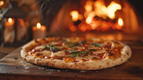 A delectable freshly baked pizza with ample toppings and steam rising against a warm, cozy fireplace background