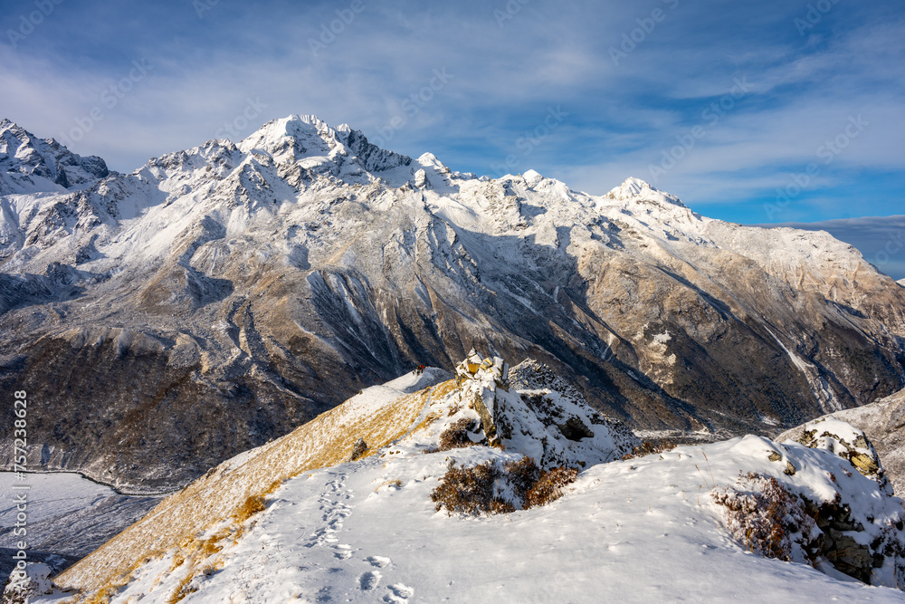 Snow-Capped Grandeur: The Himalayan Peaks of Langtang Seen from Kyanjin Ri Trail, Nepal