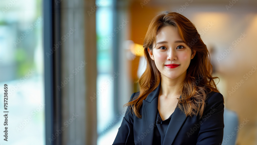 Close-up portrait of a stylish Asian young executive, modern cityscape backdrop.