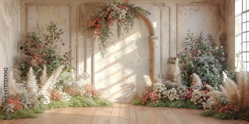 beautiful wall with arch and flowers backdrop, empty room wedding interior wall background ,banner
