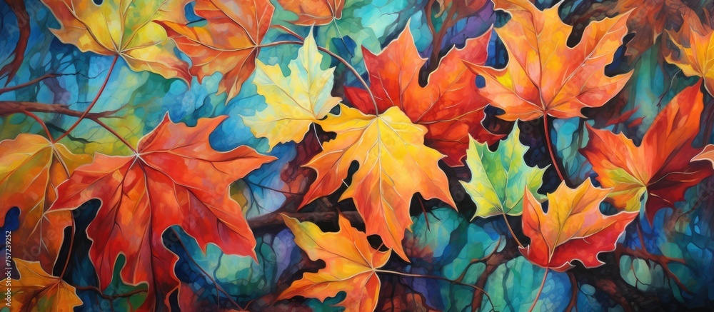 An art piece depicting colorful autumn leaves, vibrant orange petals, and a natural landscape on a blue background, showcasing the beauty of a deciduous plant in a creative and artistic way