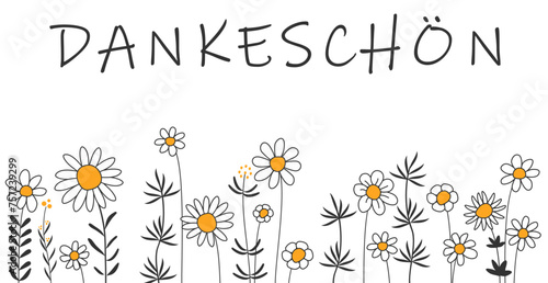 Dankeschön - deutscher Text mit hübscher Blumenwiese zum Danke sagen, Grußkarte. Vorlage Vektor Illustration
