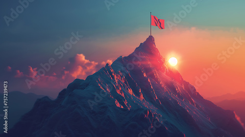 Path to success illuminated with flag atop mountain peak concept.