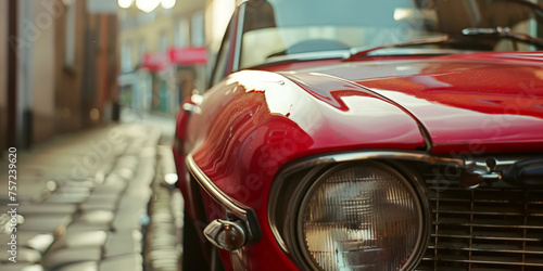 A vintage red car parked on a sunny city street, with a close-up on its shiny chrome headlight and grille, 