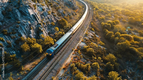Top down aerial view of train with cargo on railway tracks going through the mountains.