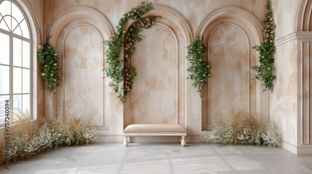 beautiful wall with arch and flowers backdrop,  empty room wedding interior wall background ,banner