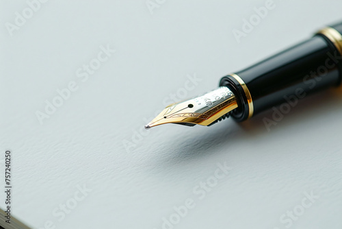 Fountain pen on a notebook with natural light and shadows. Close-up stationary photography with copy space. Writing and literature concept for design and print