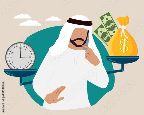 Make Choice, Decision Concept. Puzzled Arab muslim Business Man. Watches and Money are on scales. The concept of weighing time and money to find a balance in life. Vector illustration