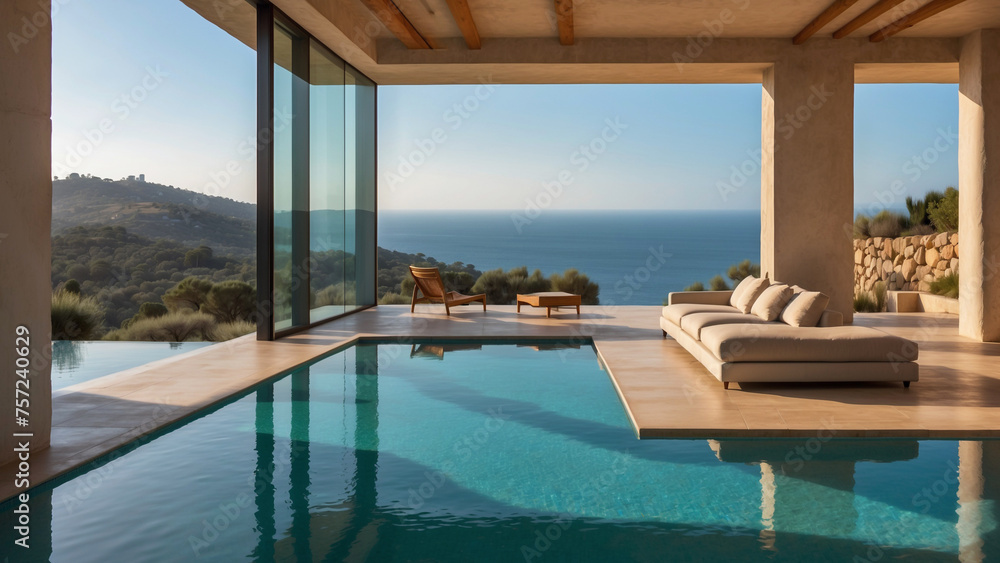 Villa minimalista con integración de interior y exterior y piscina desbordante.