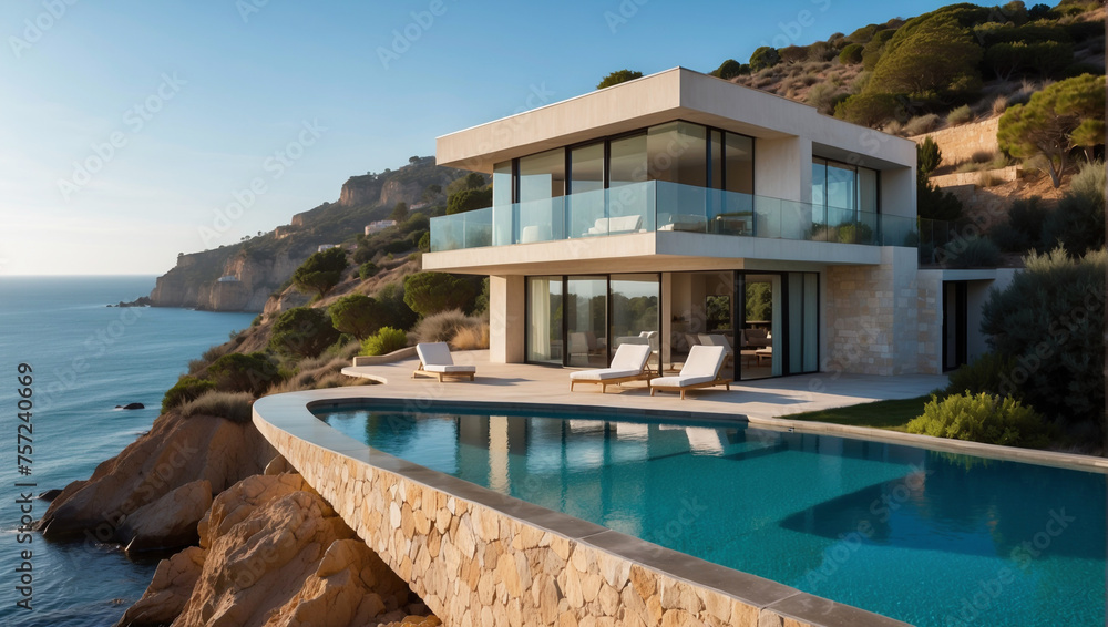 Villa de diseño contemporáneo con piscina y vistas a los acantilados del Mediterráneo.