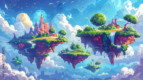 Vibrant fantasy artwork depicting floating islands with castles among the clouds. © khonkangrua