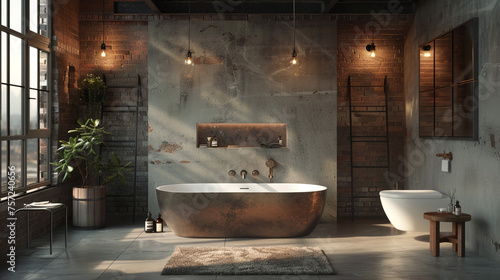 Urban chic bathroom with sleek fixtures, statement lighting, and industrial accents.