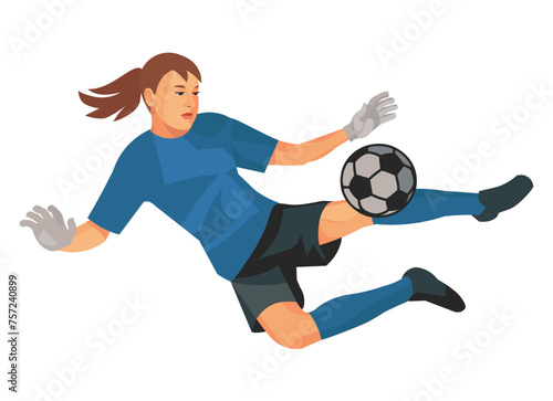 Fototapeta Naklejka Na Ścianę i Meble -  Isolated young girl figure of a school women's football goalkeeper jumping to catch the ball