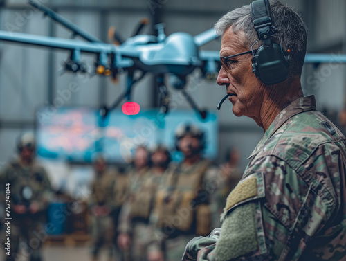 A commander orchestrates a tactical team meeting with a team of pilots of drones, seamlessly integrating reconnaissance and combat capabilities for mission success.