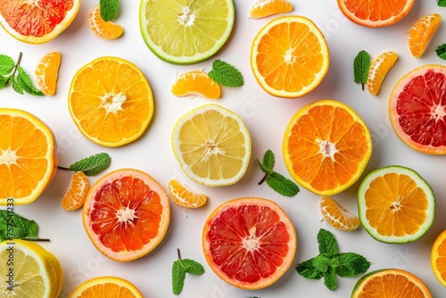 Colorful pattern of citrus fruit slices and mint leaves