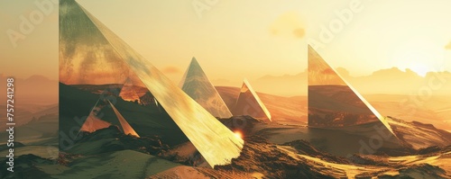 Surreal Desert Landscape With Mirrored Pyramids at Golden Hour