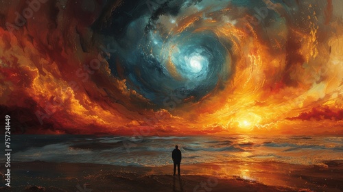 Solitary Figure Before a Swirling Cosmic Vortex at Sunset on a Seashore