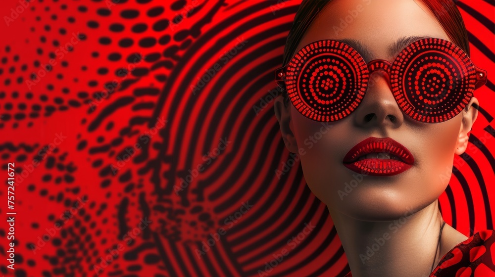 A close-up of an abstract art portrait, featuring a face adorned with vibrant red dot patterns and stylized sunglasses, create by Dot Art Aboriginal style A close-up of an abstract art portrait, featuring a face adorned with vibrant red dot patterns and stylized sunglasses, create by Dot Art Aboriginal style