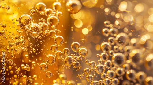 Macro shot of effervescent bubbles in sparkling champagne, reflecting the light in a festive toast