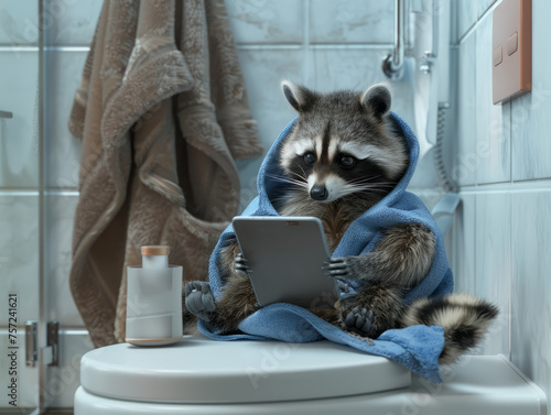 a spacious bathroom in which a small beautiful raccoon in a bathrobe sits on the toilet and scrolls through a tablet