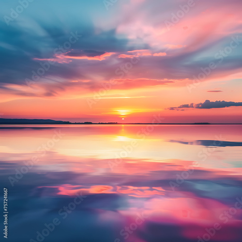 A serene sunset over a tranquil lake, with the sky ablaze in hues of orange, pink, and purple, reflecting on the calm waters below. © thisisforyou
