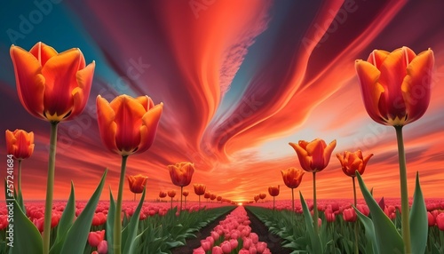 A surrealistic scene where tulips and roses morph into abstract shapes  their colors blending seamlessly with the fiery sky of a sunset.