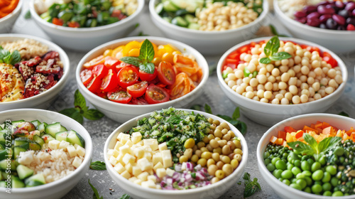 A neatly arranged selection of colorful food bowls highlighting healthy ingredients and choices