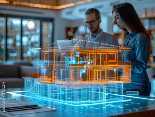 conceptual holographic model of a small residential building on a table in a real estate agency. signing of the mortgage agreement document and demonstration.