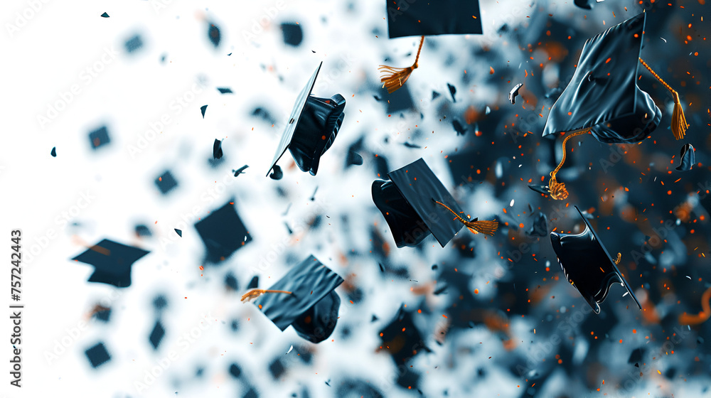 Group of cheerful student throwing graduation hats in the air celebrating, education concept with students celebrate success, ai generated - obrazy, fototapety, plakaty 