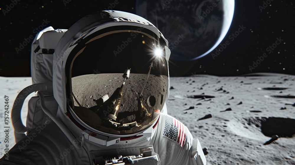 Close-up of an astronaut on the moon, hyper-realistic, focusing on the reflection in the visor of the helmet which captures the lunar module and the stark, beautiful desolation , AI Generative - obrazy, fototapety, plakaty 