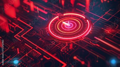 Create a digital illustration featuring a vibrant red neon light target, symbolizing precision and focus in the tech and business world. The target should be the centerpiece, AI Generative © sorapop