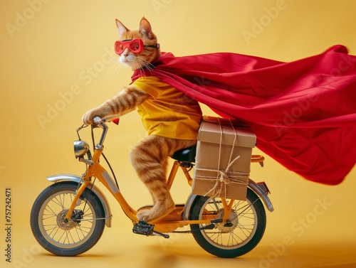 orange cat delivering couriers on bicycles, with tightly packed courier boxes on the car, wearing yellow clothes, with a flowing red cape and a red eye mask, on a yellow background