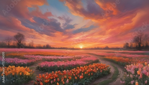 An impressionistic portrayal of a sunset, with swirling clouds of orange and pink hovering over a field of wildflowers, including tulips and roses.