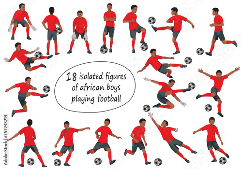 18 isolated figures of South African teenage boy football players and goalkeepers in red t-shirts standing, running, hitting the ball, jumping