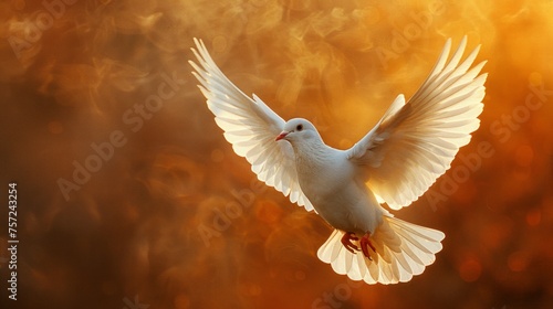 flying dove, fiery wings, symbol of hope, mystical darkness, AI Generative