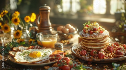 Hearty breakfast spread featuring bacon, eggs, pancakes, and toast, a feast to start the day, captured in warm morning light, AI Generative