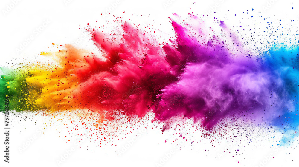 Hyper-realistic depiction of a vibrant explosion of rainbow Holi powder paint, showcasing an array of vivid colors against a pure white background The texture of the powder, AI Generative Hyper-realistic depiction of a vibrant explosion of rainbow Holi powder paint, showcasing an array of vivid colors against a pure white background The texture of the powder, AI Generative