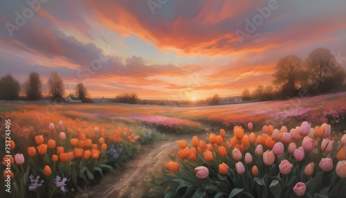An impressionistic portrayal of a sunset, with swirling clouds of orange and pink hovering over a field of wildflowers, including tulips and roses.