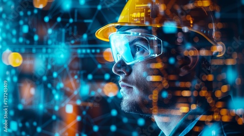 Industry 4.0 concept visualized, engineer in augmented reality, mixed virtual reality for diverse applications, symbol of futuristic education and design, wide angle, AI Generative