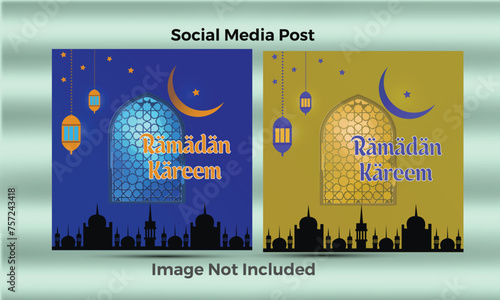 Set of social media template elegant luxury Ramadan Kareem with mosque, crescent moon and stars