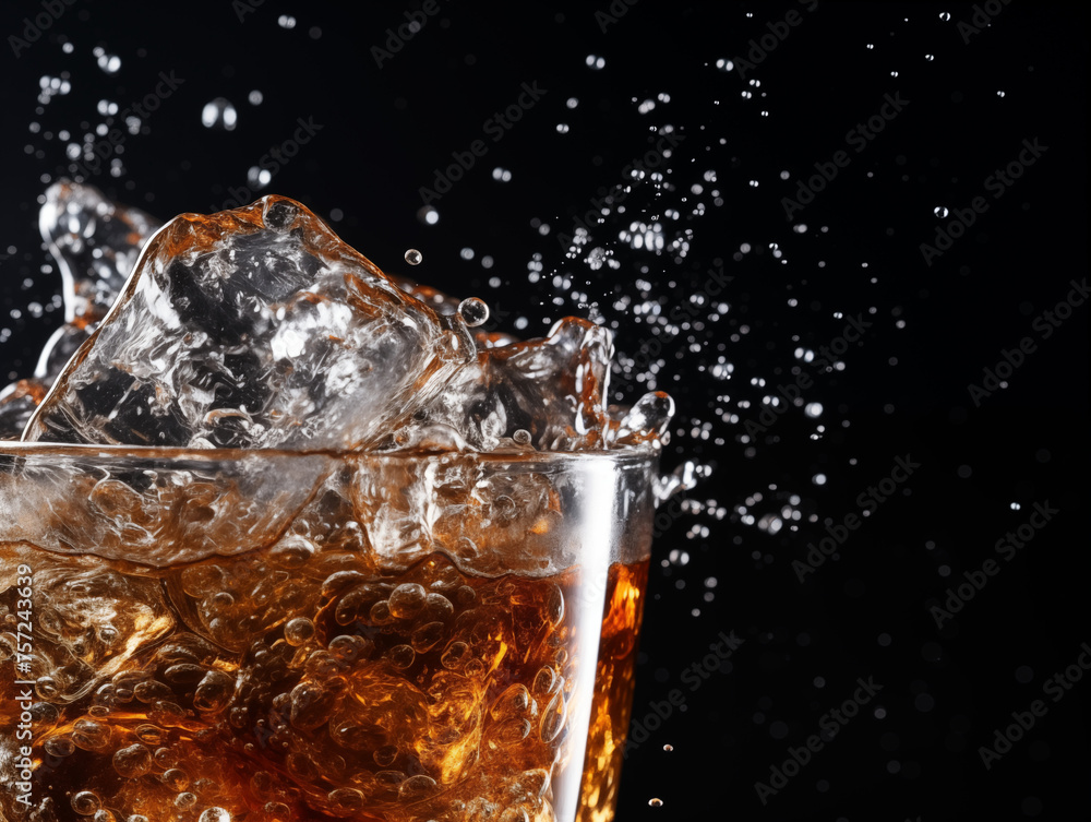 Close-Up Photo of Dark Carbonated Drink with Ice in a Glass, Bubbling and Splashing, Capturing Refreshing and Fizzy Texture, Perfect for Beverage Advertisements, Bar Menus, or Thirst-inducing Visuals Close-Up Photo of Dark Carbonated Drink with Ice in a Glass, Bubbling and Splashing, Capturing Refreshing and Fizzy Texture, Perfect for Beverage Advertisements, Bar Menus, or Thirst-inducing Visuals