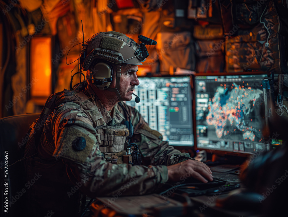 soldiers watching the battle through a monitor, team play, battle strategy. cyber security. victory in battle soldiers watching the battle through a monitor, team play, battle strategy. cyber security. victory in battle
