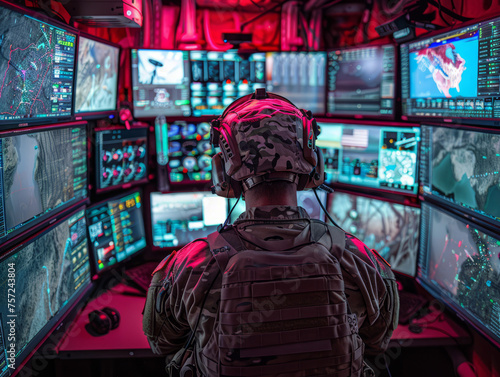 soldiers watch the battle through a monitor, team play, battle strategy. Information Security. victory in battle. military uniform. country security