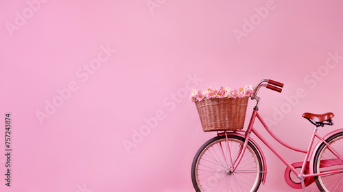 Charming Vintage Pink Bicycle with a Basket Full of Flowers Leaning against a Textured Pink Wall, Evoking Nostalgia and Romance photo