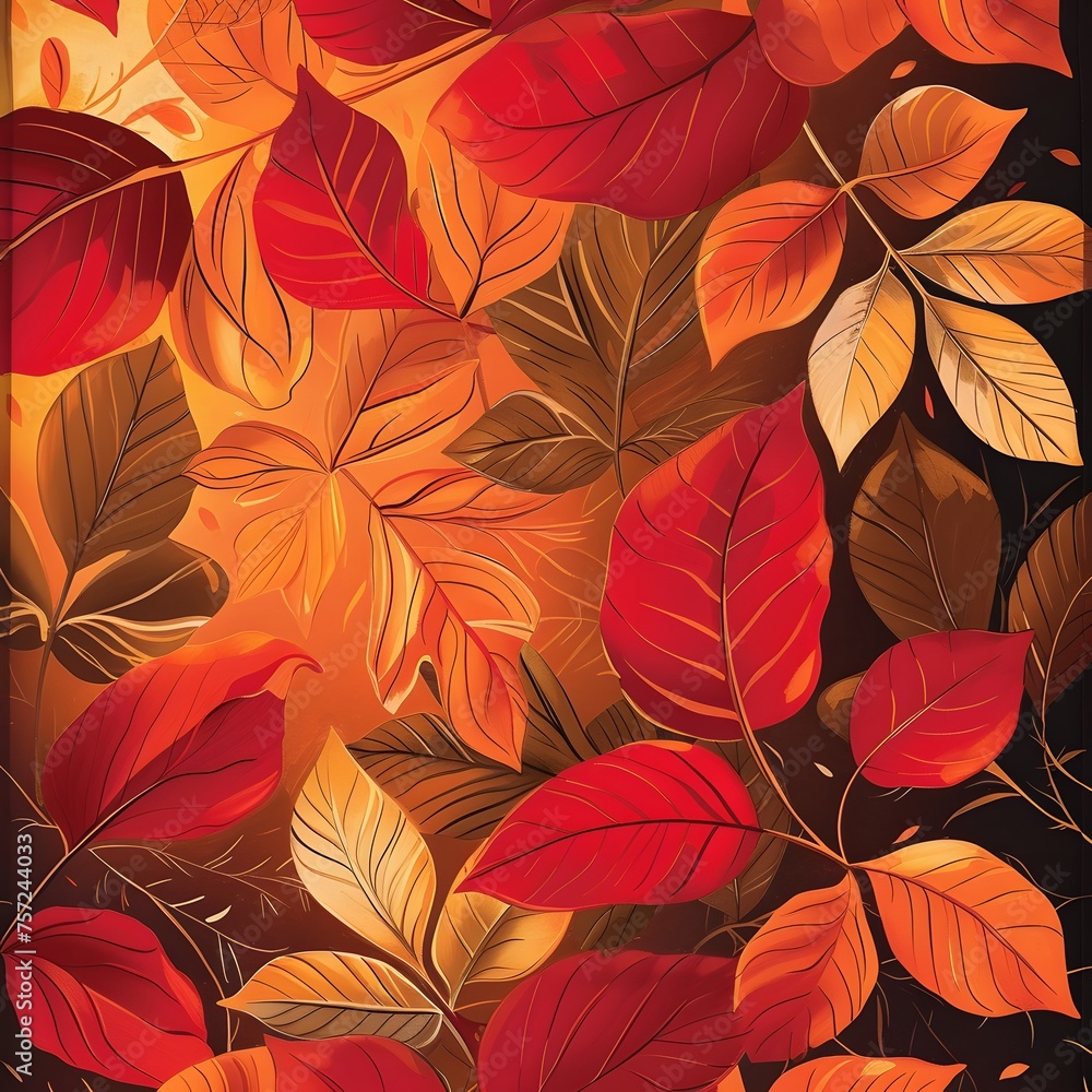 Fall Background: A continuous motif of autumn leaves in shades of red, orange, and gold creates a warm and inviting backdrop that celebrates the beauty of the season.