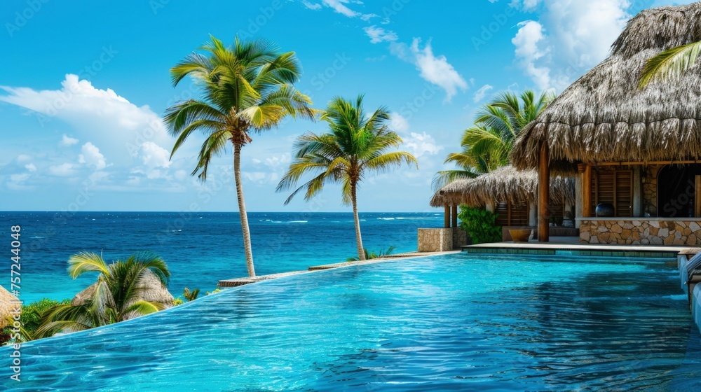 Tropical resort on a paradisiacal island with thatched bungalows. Tropical resort on a paradisiacal island with thatched bungalows.