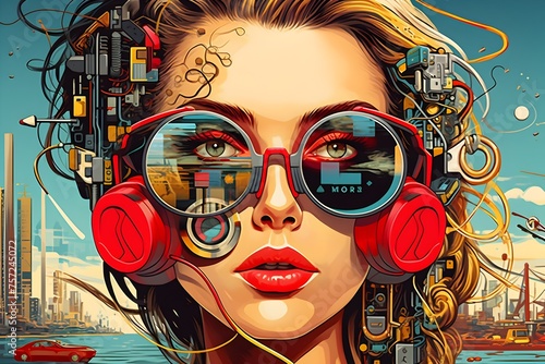 A Beautiful Woman Adorned in Red Sunglasses and Headphones