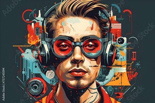 Futuristic Hipster Cyberpunk Boy in Vibrant Vector Illustration with High-contrast Design Elements photo