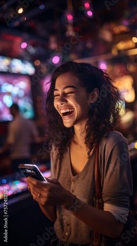 A happy Young beautiful female streamer, a gamer is playing a video game with a smartphone in a game room with neon Lighting. Cyber Sports, Esports, Hobbies and Entertainment concepts.